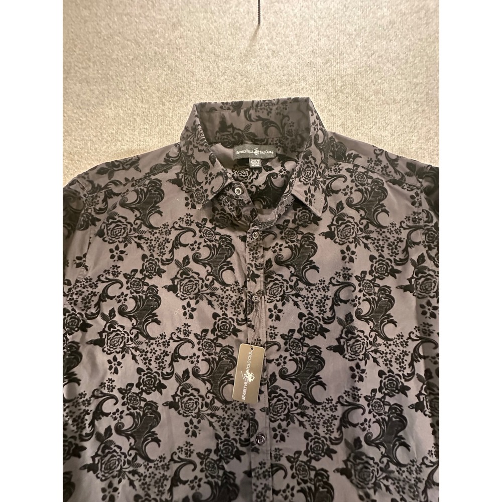 Beverly Hills Polo Club Mens 2XLT Grey Black Flocked Floral Damask Button Down